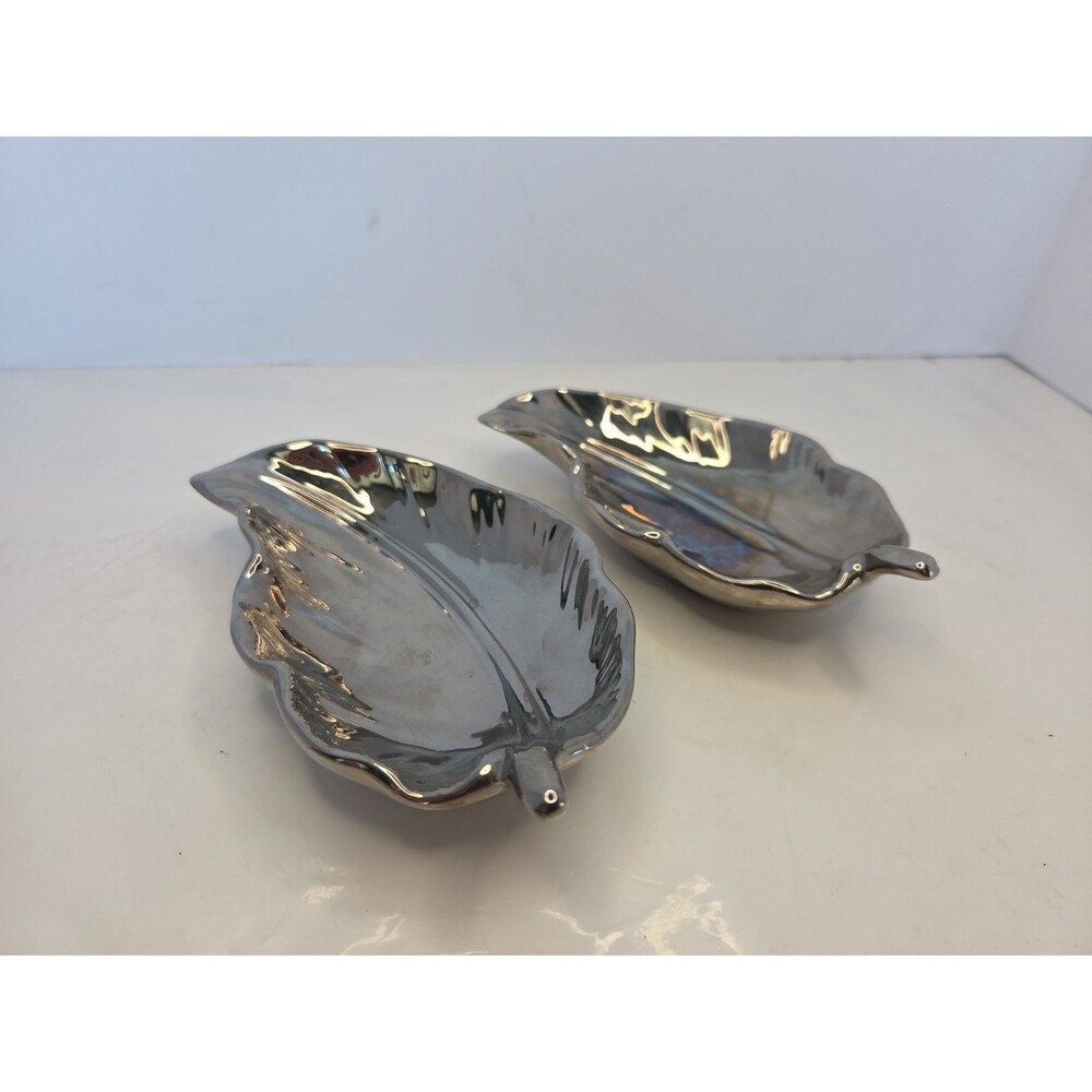 2 Vintage Italian Metallic Glaze Lusterware Leaf Platters by Este Ceramiche Set